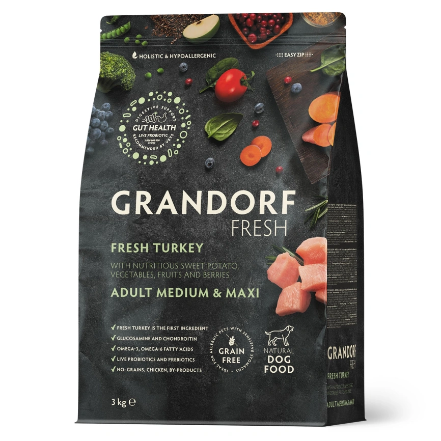Сухой корм Grandorf Fresh Dog Turkey & Sweet Potato для взрослых собак средних и крупных пород диетическая формула для особо аллергичных собак индейка, с бататом, 3 кг фото 1