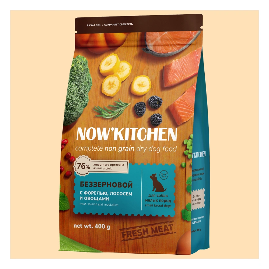 Сухой корм NOW'KITCHEN Fresh Small Adult Trout & Salmon для взрослых собак малых пород со свежей, с форелью и лососем, 400 г фото 1