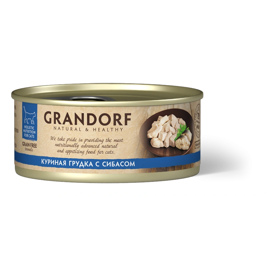 Влажный корм Grandorf Chicken для кошек, консервы, Куриная грудка с сибасом в бульоне, 70 г фото 1