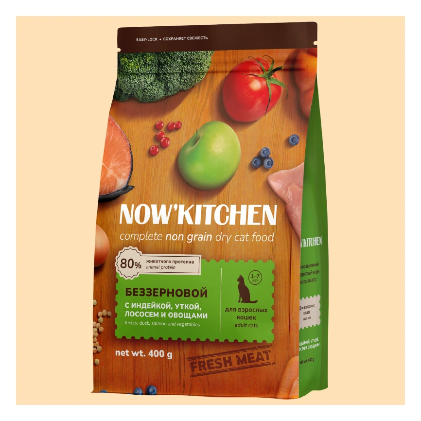 Сухой корм NOW'KITCHEN Fresh Adult Turkey, Duck, Salmon & Vegetables для взрослых кошек со свежей индейкой,уткой,лососем и овощами, 400 г фото 1