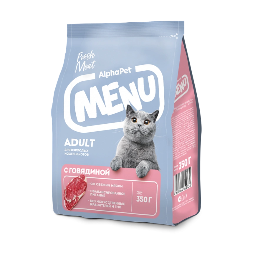 Сухой корм ALPHAPET MENU Beef для взрослых кошек и котов, с говядиной, 350 г фото 1