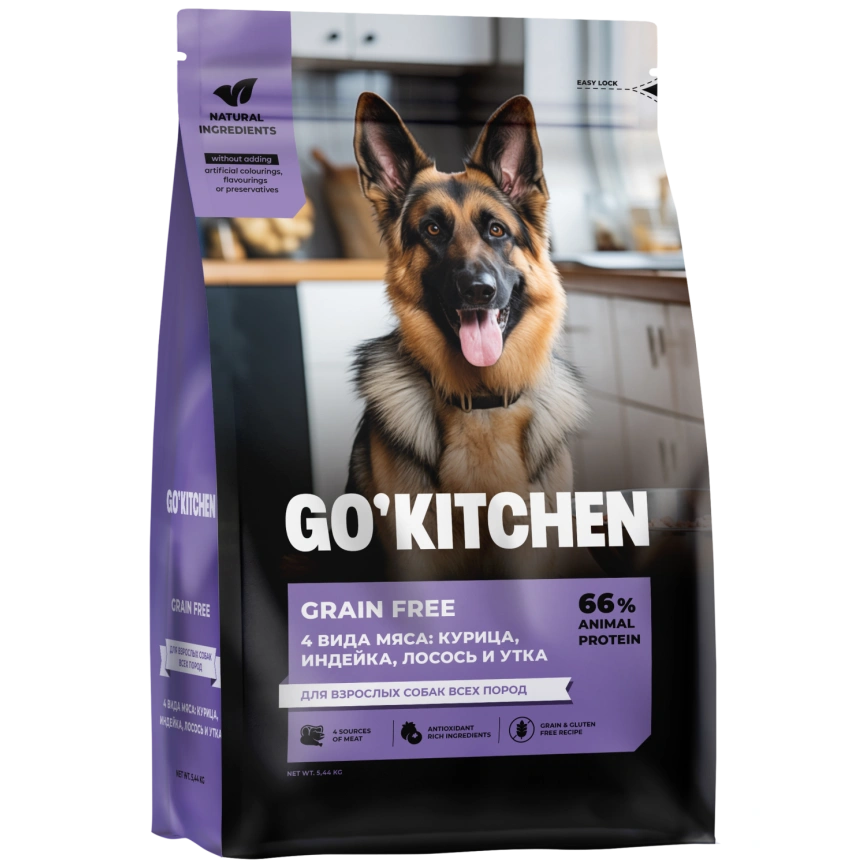 Сухой корм Go'Kitchen Chicken, Turkey, Salmon & Duck для взрослых собак всех пород, с курицей., с курицей, индейкой, лососем и уткой, 5,44 кг фото 3