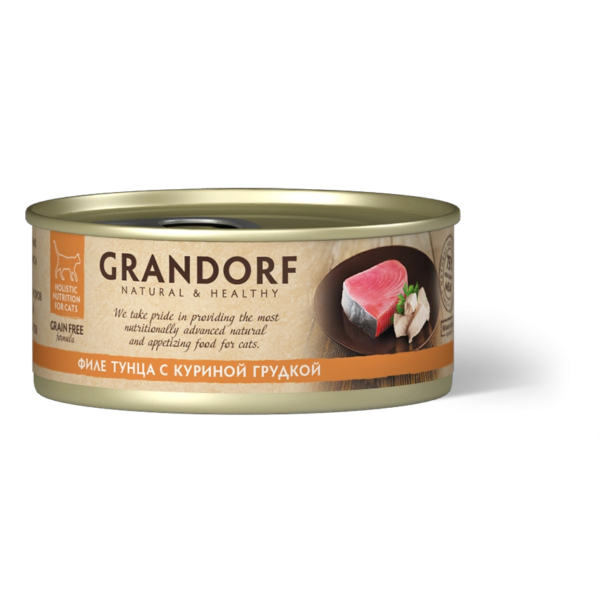 Влажный корм Grandorf Tuna & Chicken для кошек, консервы, Филе тунца с куриной грудкой в бульоне, 70 г фото 1