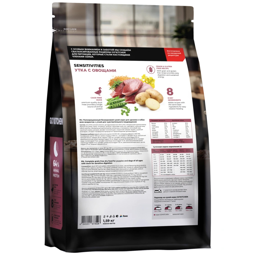 Сухой корм Go'Kitchen Duck для щенков и собак всех возрастов для чувствительного пищеварения, с уткой, 1,59 кг фото 2
