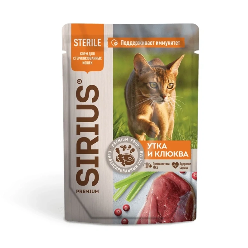 Влажный корм SIRIUS Premium Sterile консервированный Duck & Cranberry для для стерилизованных кошек кусочки в соусе утка с клюквой, 85 г фото 1