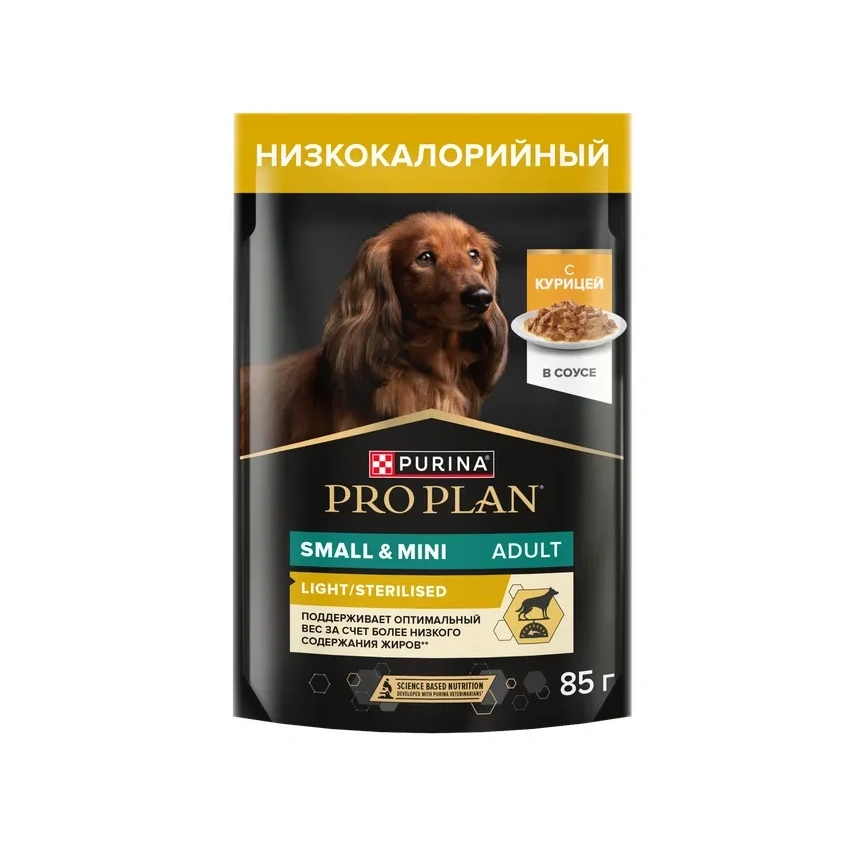 Влажный корм PRO PLAN Chicken для взрослых собак мелких и карликовых пород, склонных к набору веса, с курицей в соусе, 85 г фото 1