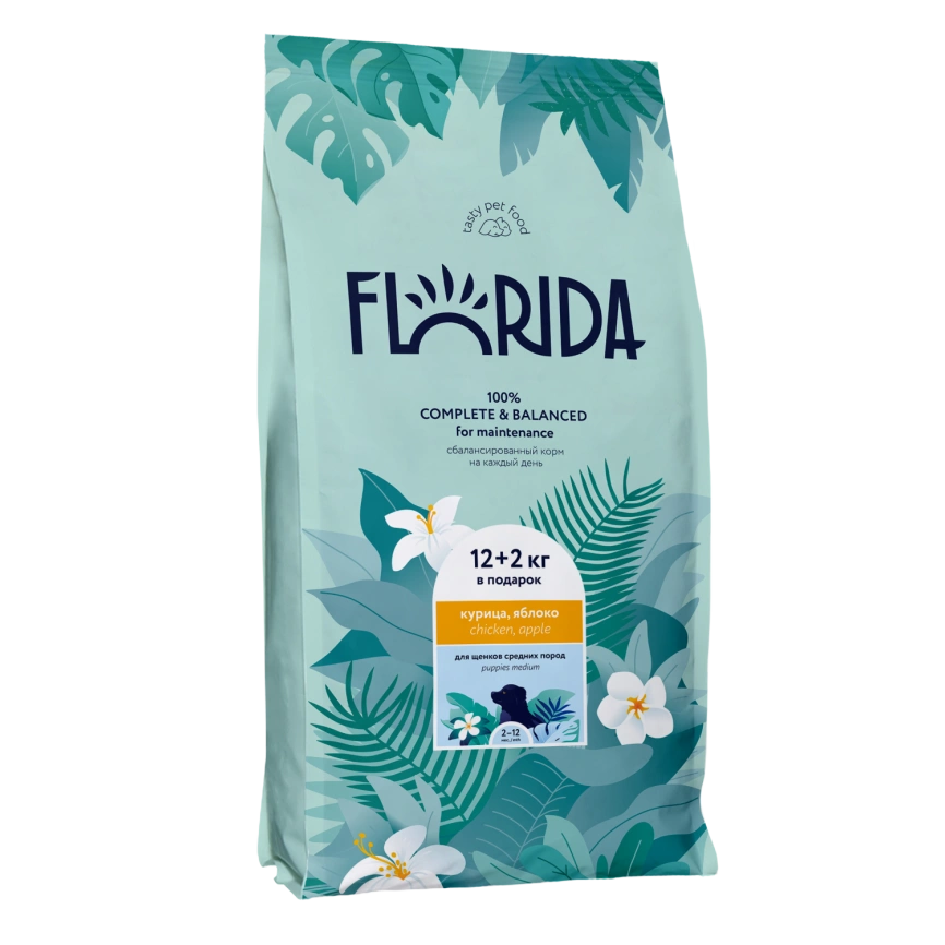 Сухой корм FLORIDA Medium Puppy Chicken & Apple для щенков средних пород, с курицей и яблоком, 14 кг фото 1