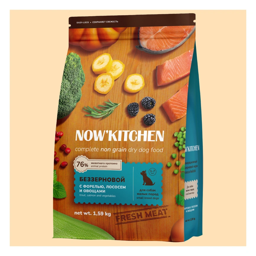 Сухой корм NOW'KITCHEN Fresh Small Adult Trout & Salmon для взрослых собак малых пород со свежей, с форелью и лососем, 1,59 кг фото 1
