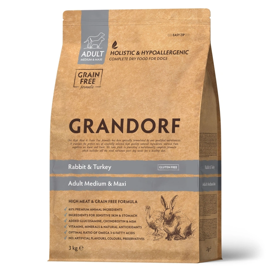 Сухой корм Grandorf Rabbit & Turkey Med & Maxi для взрослых собак средних и крупных пород, с кроликом и индейкой, 3 кг фото 1
