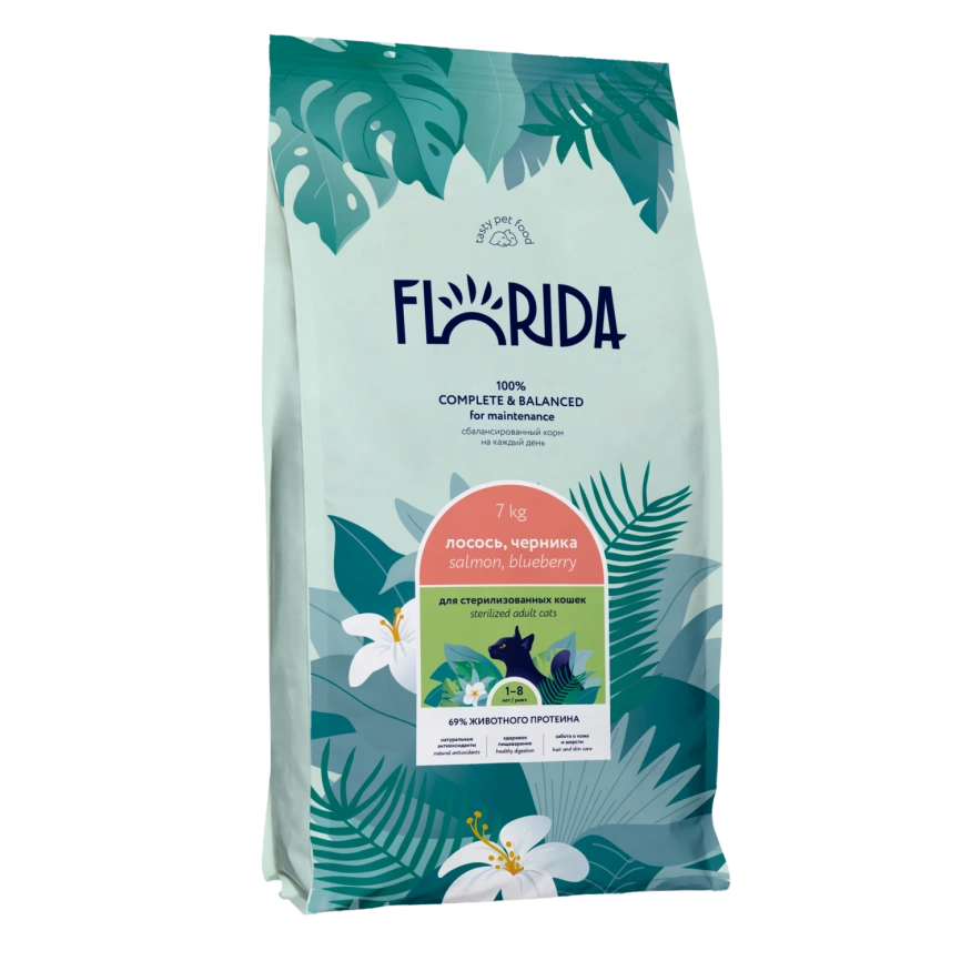 Сухой корм FLORIDA Sterilised 34 Salmon & Blueberry для стерилизованных кошек, с лососем и черникой, 7 кг фото 1