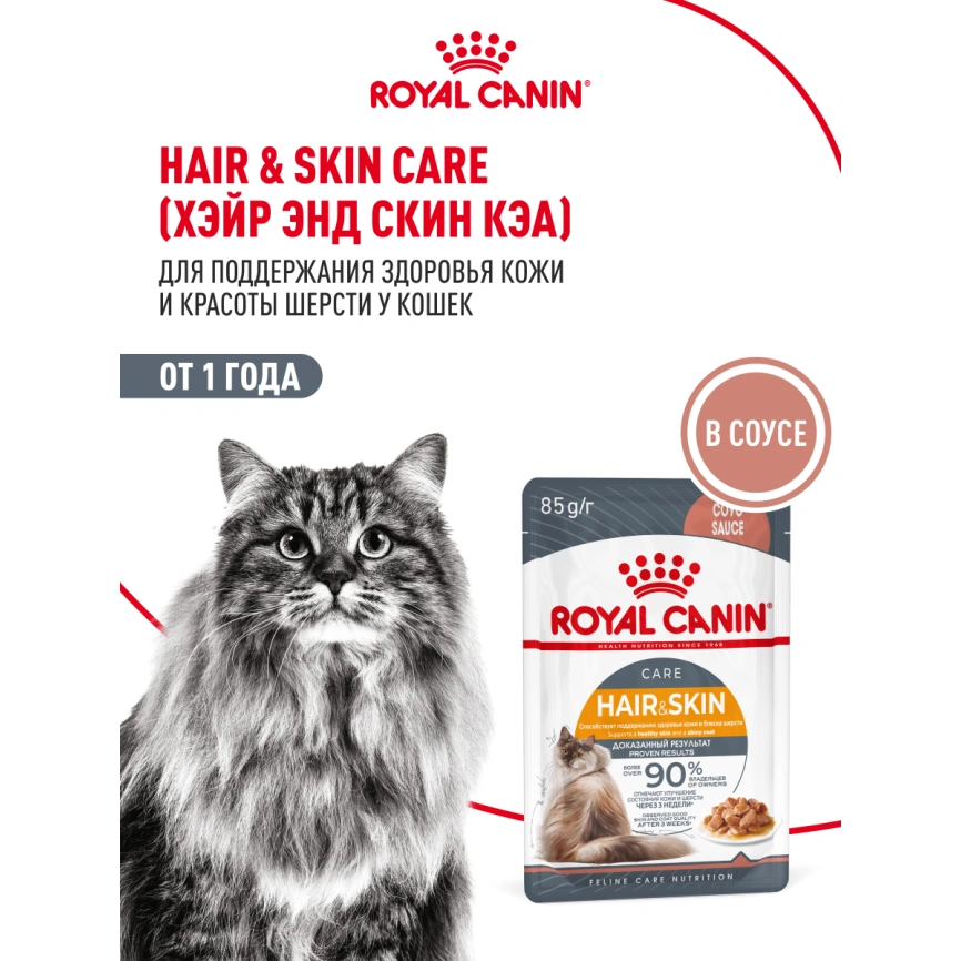 Влажный корм Royal Canin Hair & Skin Care в соусе для взрослых кошек старше 1 года, пауч, 85 г фото 15