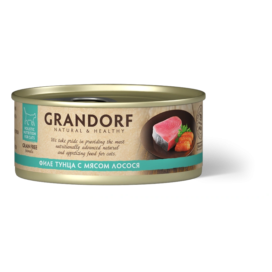 Влажный корм Grandorf Tuna & Salmon для кошек, консервы, Филе тунца с мясом лосося в бульоне, 70 г фото 1