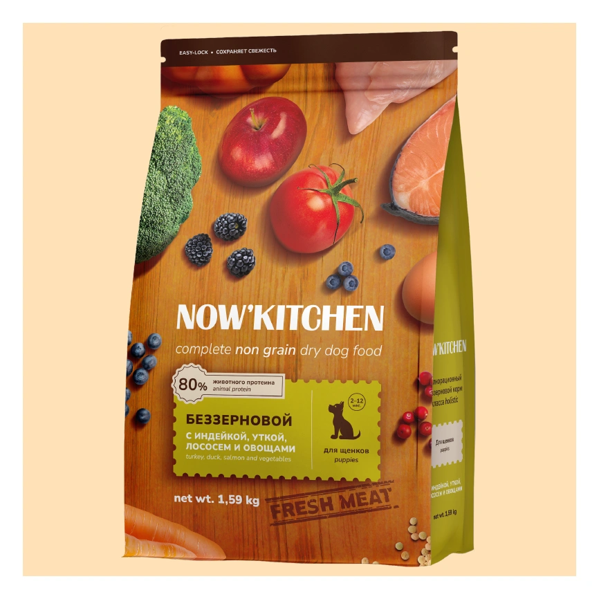Сухой корм NOW'KITCHEN Fresh Puppy Turkey, Duck & Salmon для щенков со свежей индейкой, с индейкой, уткой и лососем, 1,59 кг фото 1