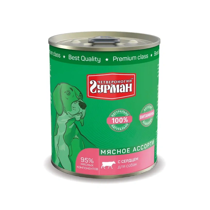Влажный корм Четвероногий Гурман Meat Assortment & Heart для собак, с мясным ассорти и сердцем, 340 г фото 1