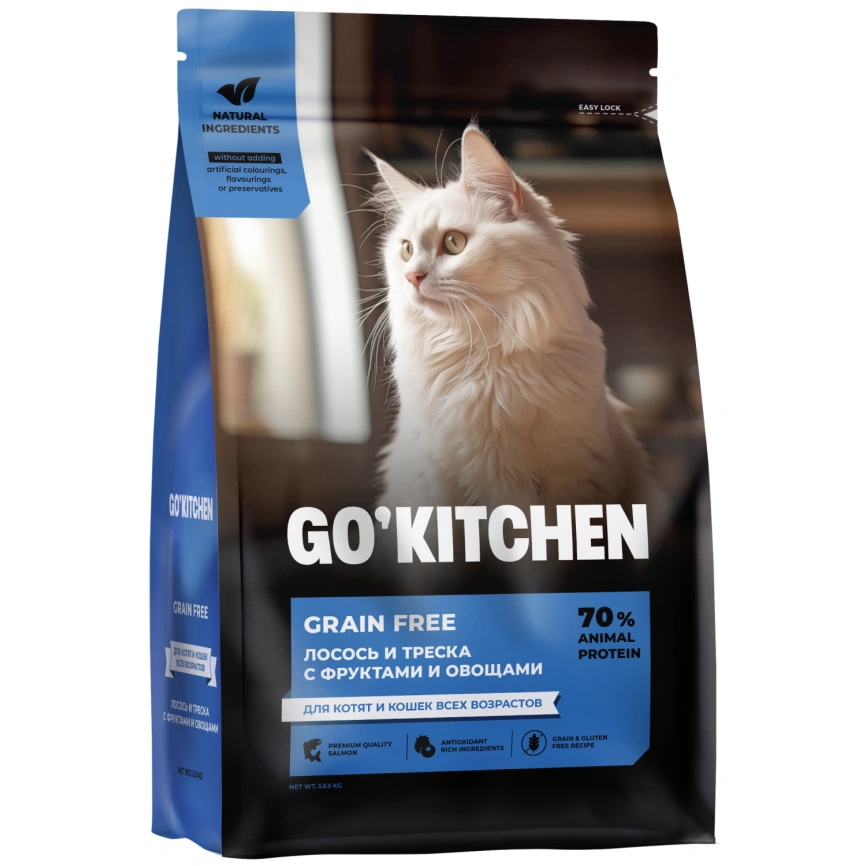 Сухой корм Go'Kitchen Salmon & Cod для котят и кошек всех возрастов, с лососем и треской, 3,63 кг фото 1