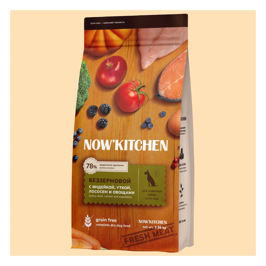 Сухой корм NOW'KITCHEN Fresh Senior Turkey, Duck & Salmon для собак старше 7 лет со свежей индейкой,уткой, с индейкой, уткой и лососем, 9,98 кг фото 1