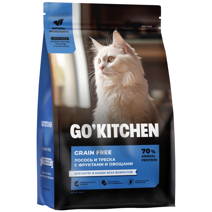 Сухой корм Go'Kitchen Salmon & Cod для котят и кошек всех возрастов, с лососем и треской, 1,36 кг фото 2