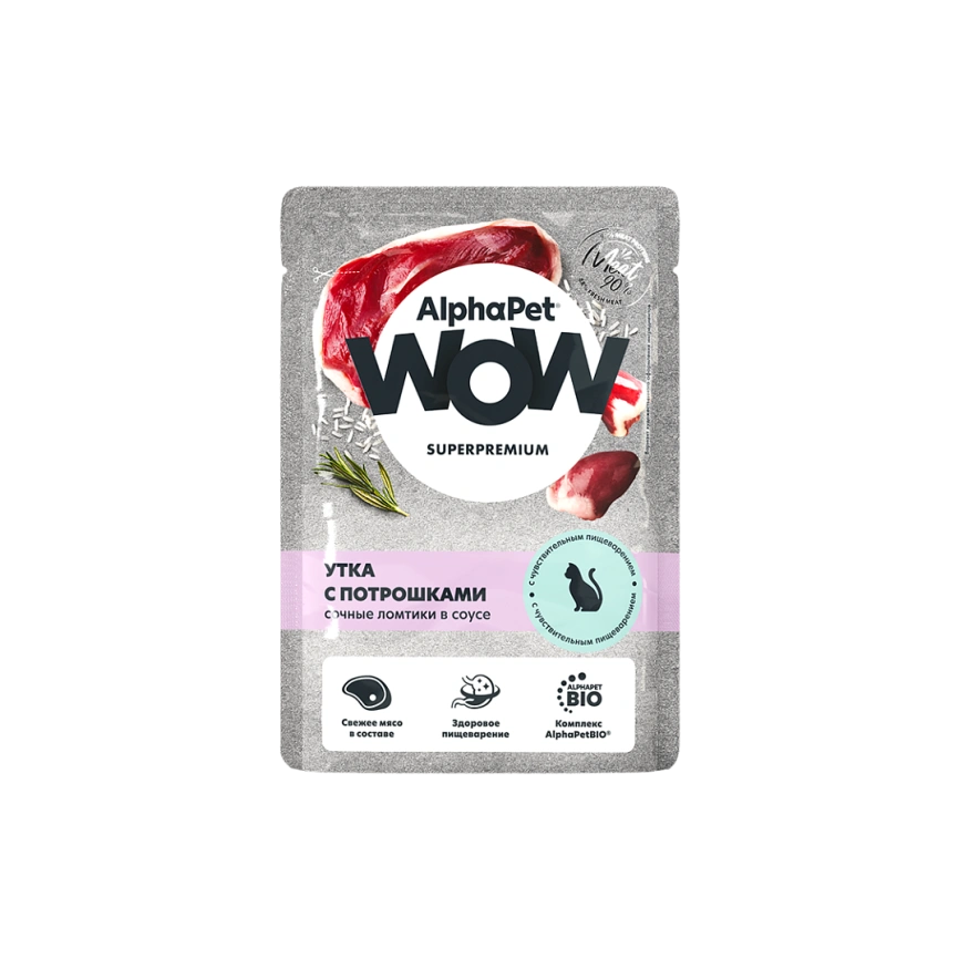 Влажный корм ALPHAPET WOW Superpremium Duck & Giblets для кошек, с чувствительным пищеварением, с уткой и потрошками, 85 г фото 1