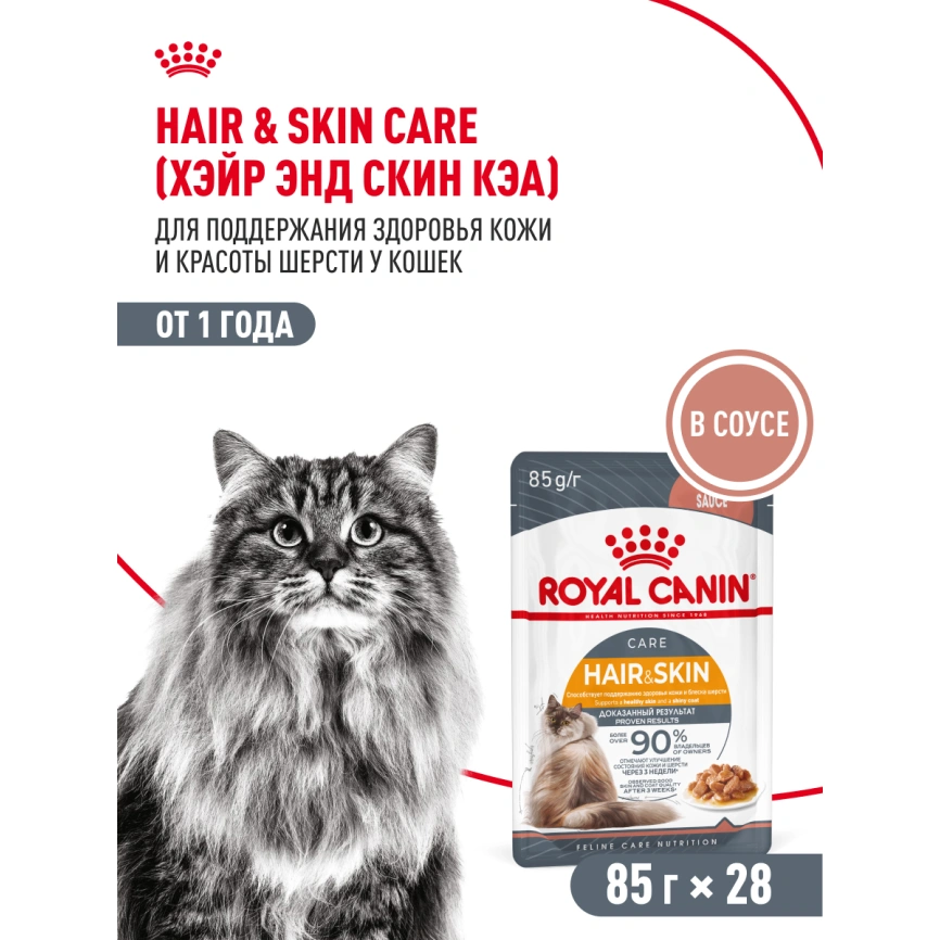 Влажный корм Royal Canin Hair & Skin Care в соусе для взрослых кошек старше 1 года, пауч, 85 г фото 16