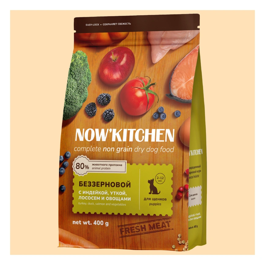 Сухой корм NOW'KITCHEN Fresh Puppy Turkey, Duck & Salmon для щенков со свежей индейкой, с индейкой, уткой и лососем, 400 г фото 1