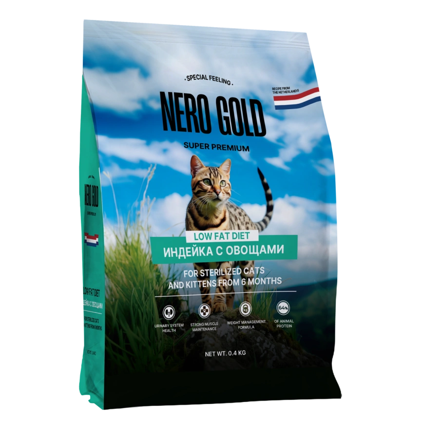 Сухой корм NERO GOLD Sterilised Turkey & Vegetables для стерилизованных кошек и котят, с мясом индейки и овощами, 400 г фото 1