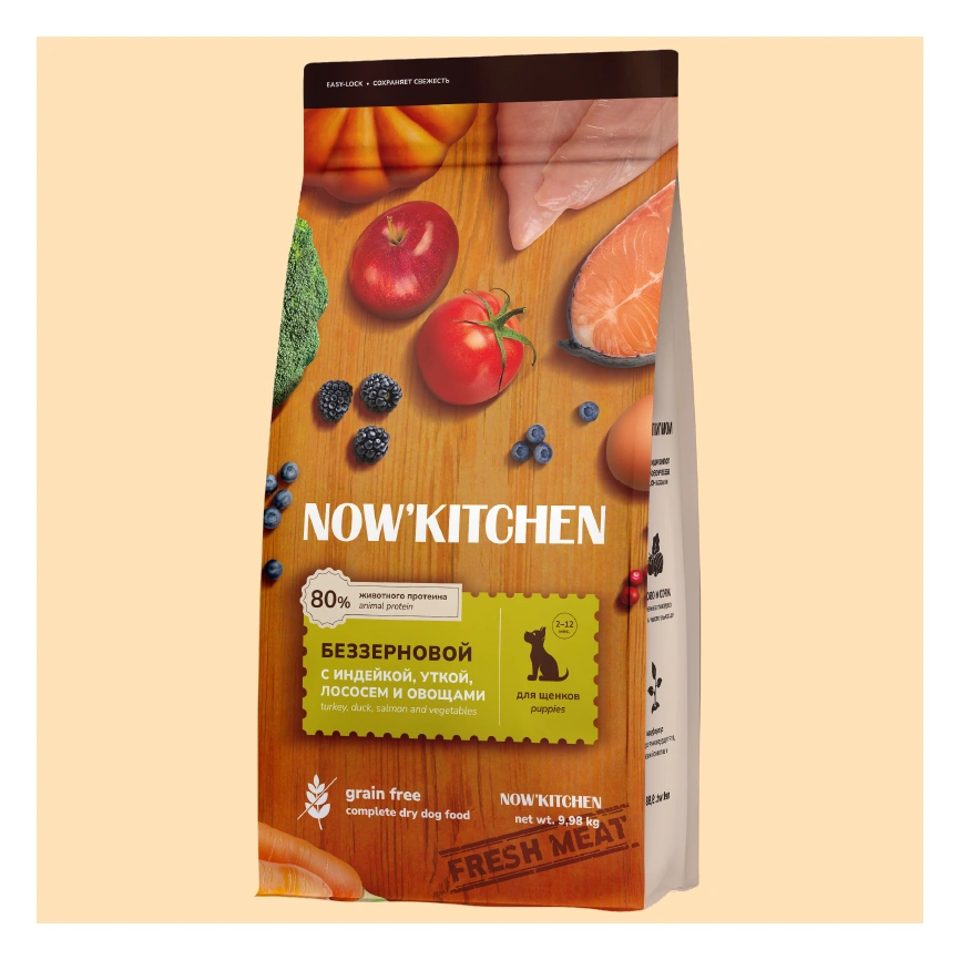 Сухой корм NOW'KITCHEN Fresh Puppy Turkey, Duck & Salmon для щенков со свежей индейкой, с индейкой, уткой и лососем, 9,98 кг фото 1