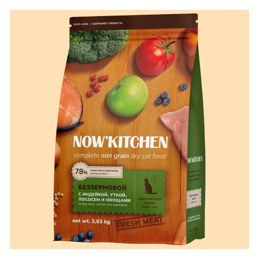 Сухой корм NOW'KITCHEN Fresh Senior Turkey, Duck & Salmon для кошек старше 7 лет со свежей индейкой, с индейкой, уткой и лососем, 3,36 кг фото 1