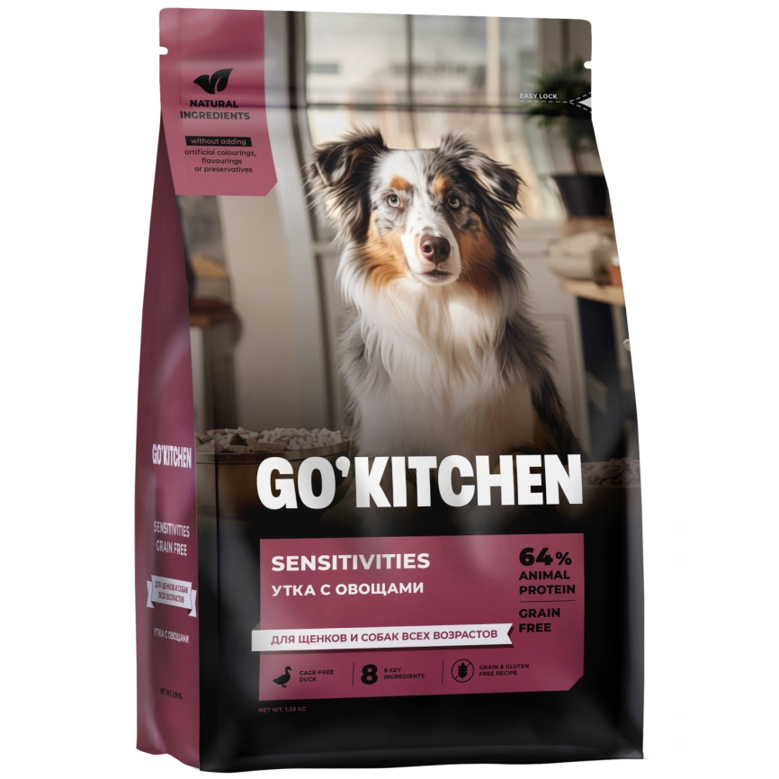 Сухой корм Go'Kitchen Duck для щенков и собак всех возрастов для чувствительного пищеварения, с уткой, 1,59 кг фото 1