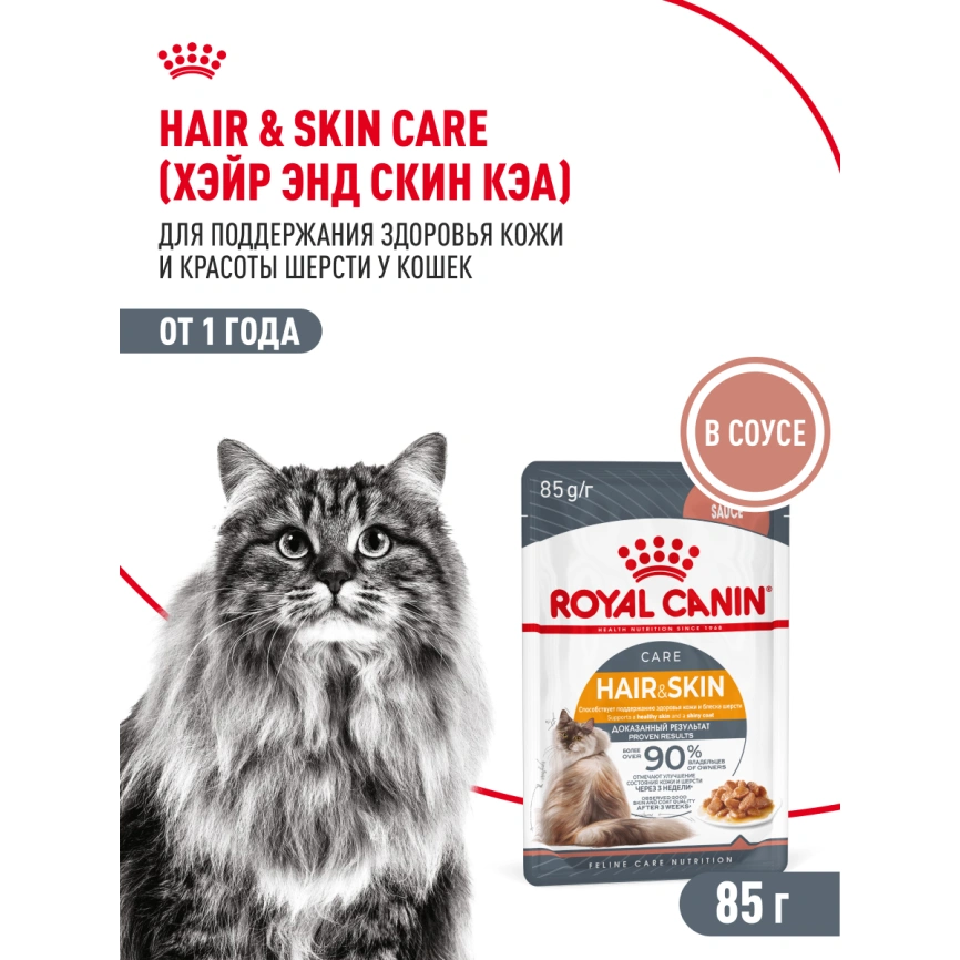 Влажный корм Royal Canin Hair & Skin Care в соусе для взрослых кошек старше 1 года, пауч, 85 г фото 17
