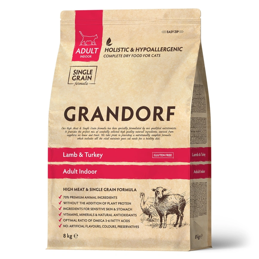 Сухой корм Grandorf Lamb & Turkey Indoor для домашних кошек, с ягнёнком и индейкой, 8 кг фото 1