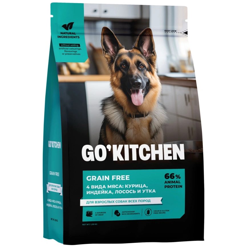 Сухой корм Go'Kitchen Chicken, Turkey, Salmon & Duck для взрослых собак всех пород, с курицей., с курицей, индейкой, лососем и уткой, 9,88 кг фото 1