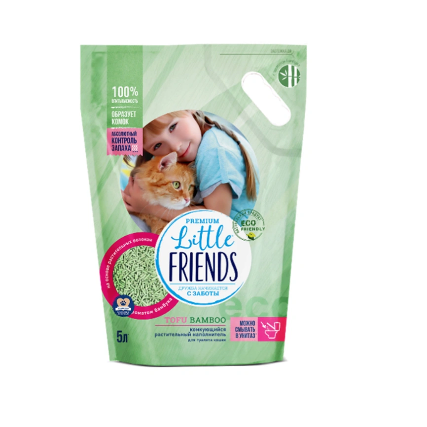 Наполнитель Little Friends Tofu Bamboo комкующийся растительный для кошачьих туалетов, 5 л фото 1
