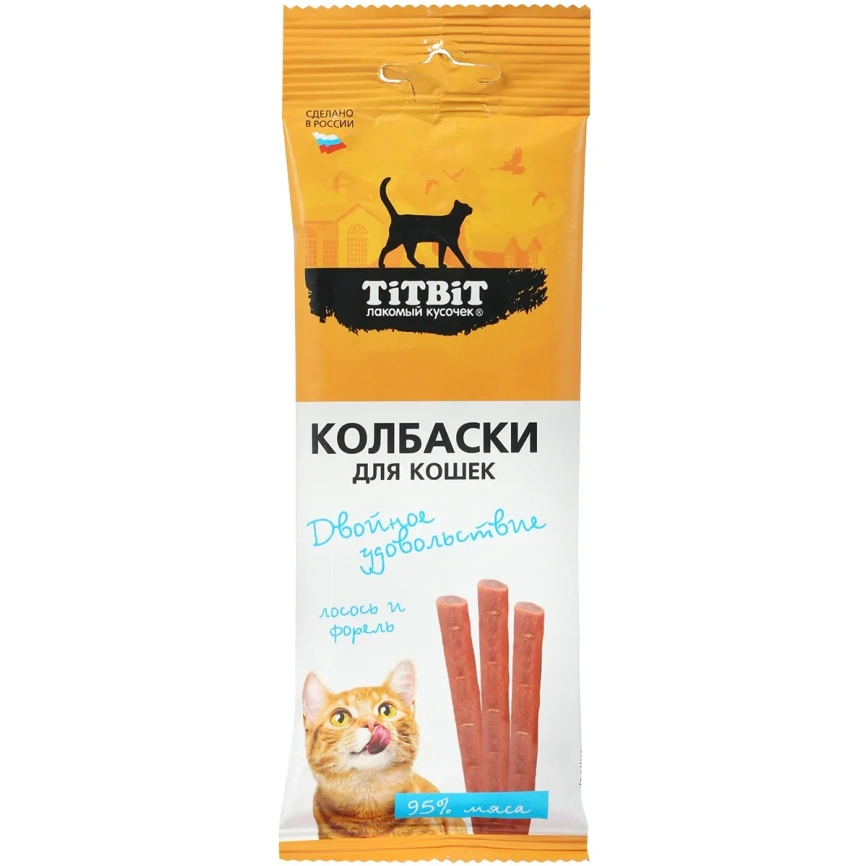 Лакомство Titbit Двойное удовольствие колбаски для кошек, с лососем и форелью, 45 г фото 1