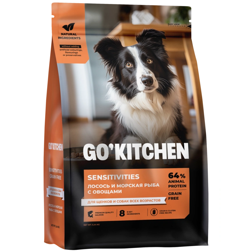 Сухой корм Go'Kitchen Salmon & Fish для щенков и собак всех возрастов для чувствительного пищеварения, с лососем и морской, с лососем и рыбой, 5,44 кг фото 1