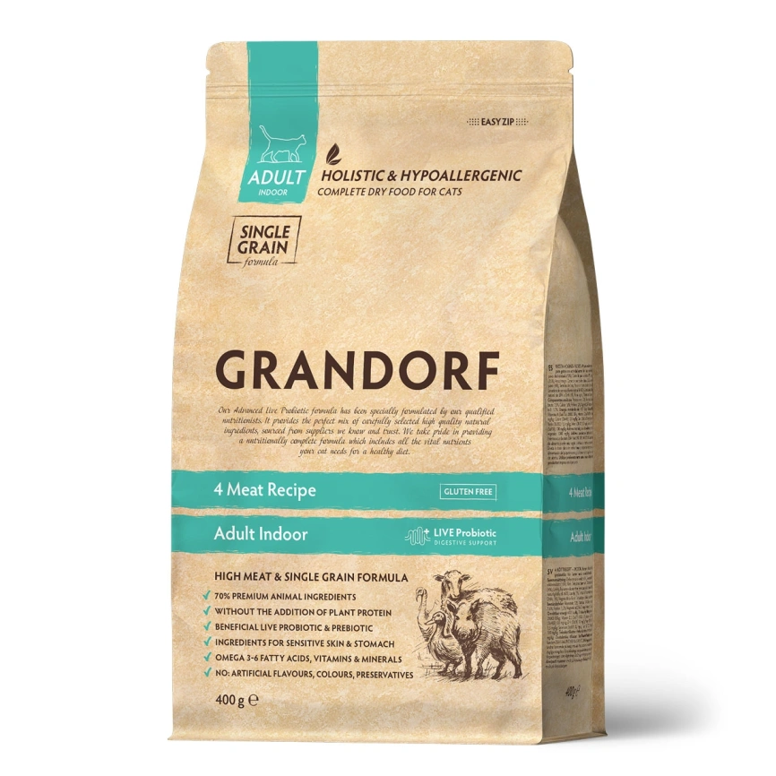Сухой корм Grandorf 4 Meat Probiotic Indoor Meat Assortment для домашних кошек, с четырьмя видами мяса, 400 г фото 1