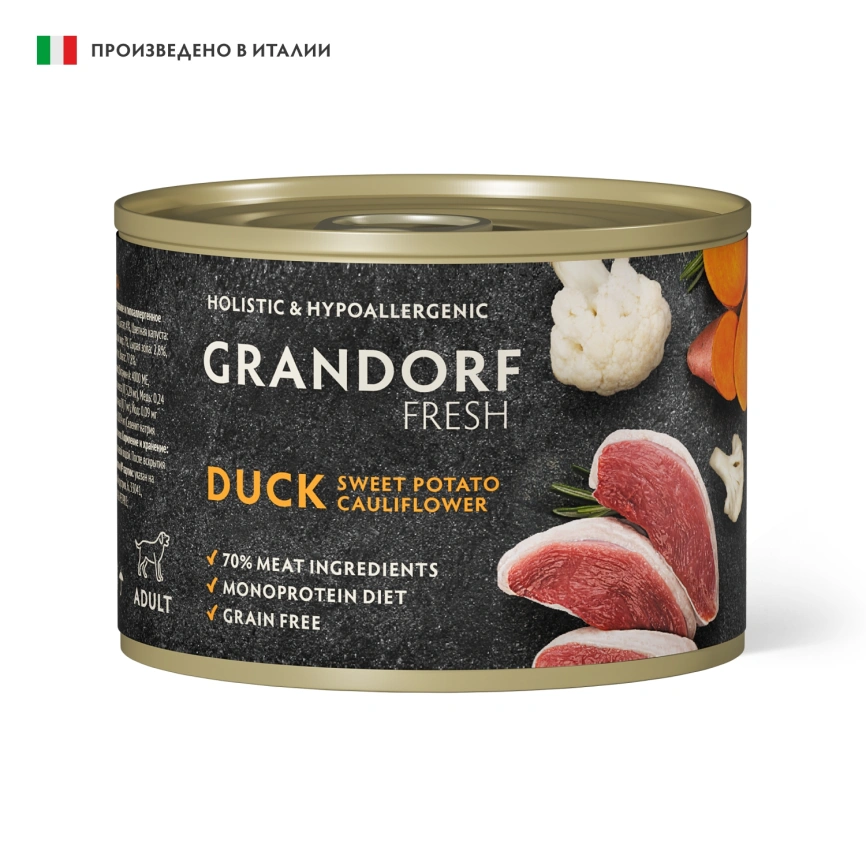 Влажный корм консервы Grandorf Fresh Duck & Sweet Potato для собак паштет из утки, с бататом и цветной капустой 200 г фото 1