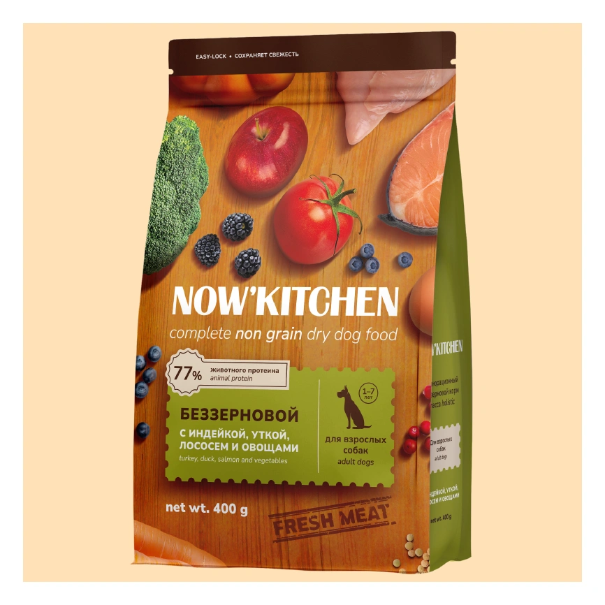 Сухой корм NOW'KITCHEN Fresh Adult Turkey, Duck & Salmon для взрослых собак со свежей индейкой,уткой, с индейкой, уткой и лососем, 400 г фото 1