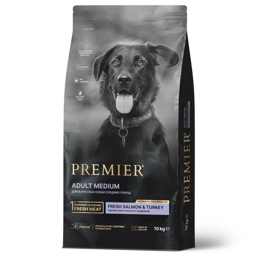 Сухой корм Premier Dog Salmon & Turkey Adult Medium для собак средних пород, с лососем и индейкой, 10 кг фото 1