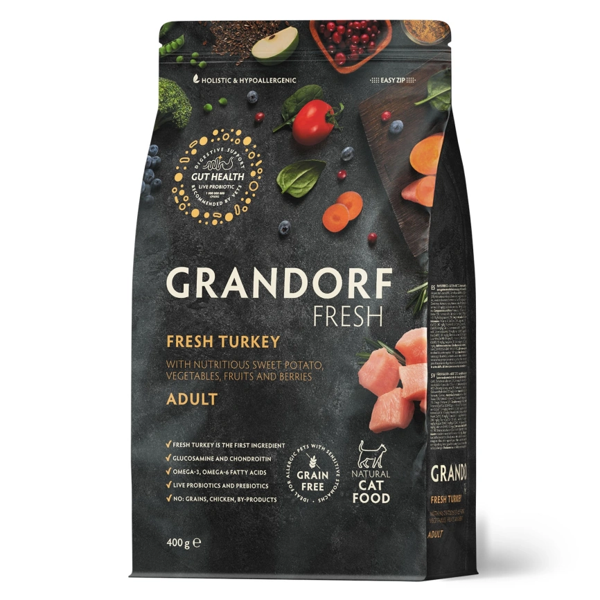 Сухой корм Grandorf Fresh Cat Turkey & Sweet Potato для взрослых кошек, диетическая формула для особо аллергичных кошек индейка, с бататом, 400 г фото 1