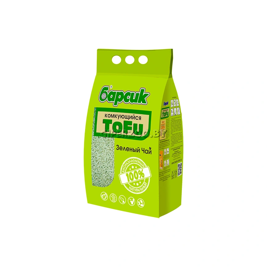 Наполнитель Барсик Tofu для кошачьих туалетов, зелёный чай комкующийся, 4,54 л фото 1