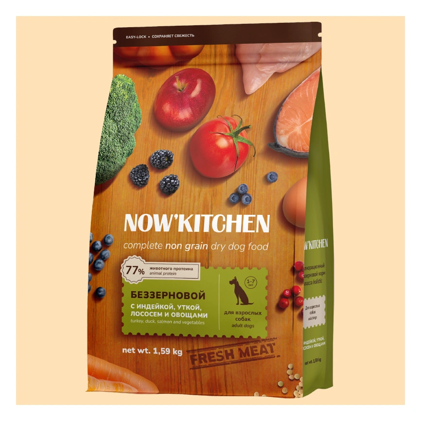 Сухой корм NOW'KITCHEN Fresh Adult Turkey, Duck & Salmon для взрослых собак со свежей индейкой,уткой, с индейкой, уткой и лососем, 1,59 кг фото 1