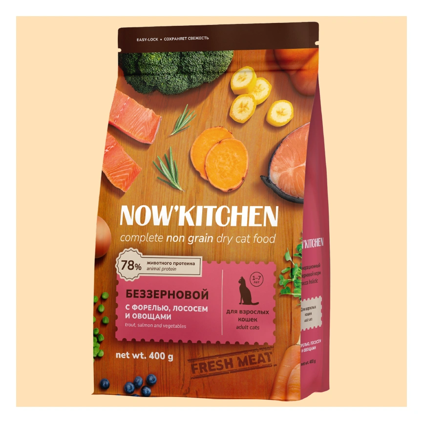 Сухой корм NOW'KITCHEN Fresh Adult Trout, Salmon & Vegetables для взрослых кошек со свежей форелью, лососем и овощами, 400 г фото 1