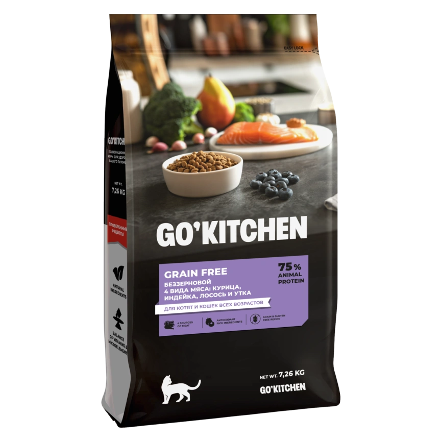 Сухой корм Go'Kitchen Chicken, Turkey, Salmon & Duck для котят и кошек всех возрастов, с курицей, с курицей, индейкой, лососем и уткой, 7,62 кг фото 1