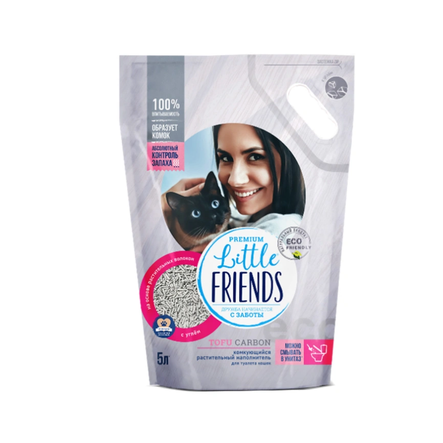 Наполнитель Little Friends Tofu Carbon комкующийся растительный для кошачьих туалетов, 5 л фото 1