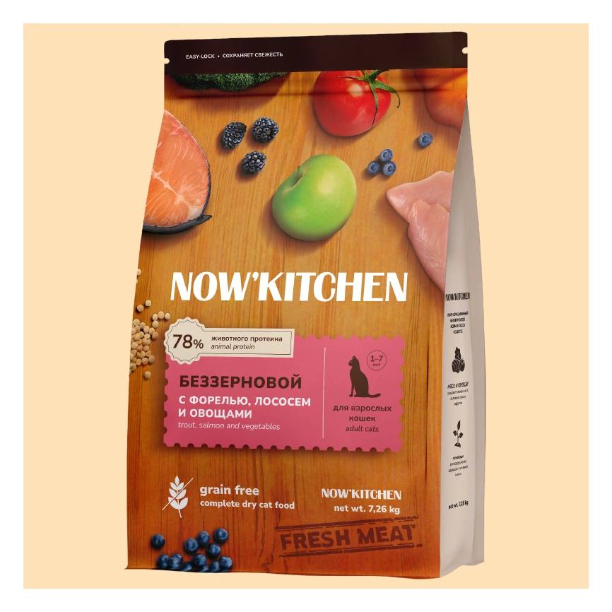 Сухой корм NOW'KITCHEN Fresh Adult Trout, Salmon & Vegetables для взрослых кошек со свежей форелью, лососем и овощами, 7,26 кг фото 1