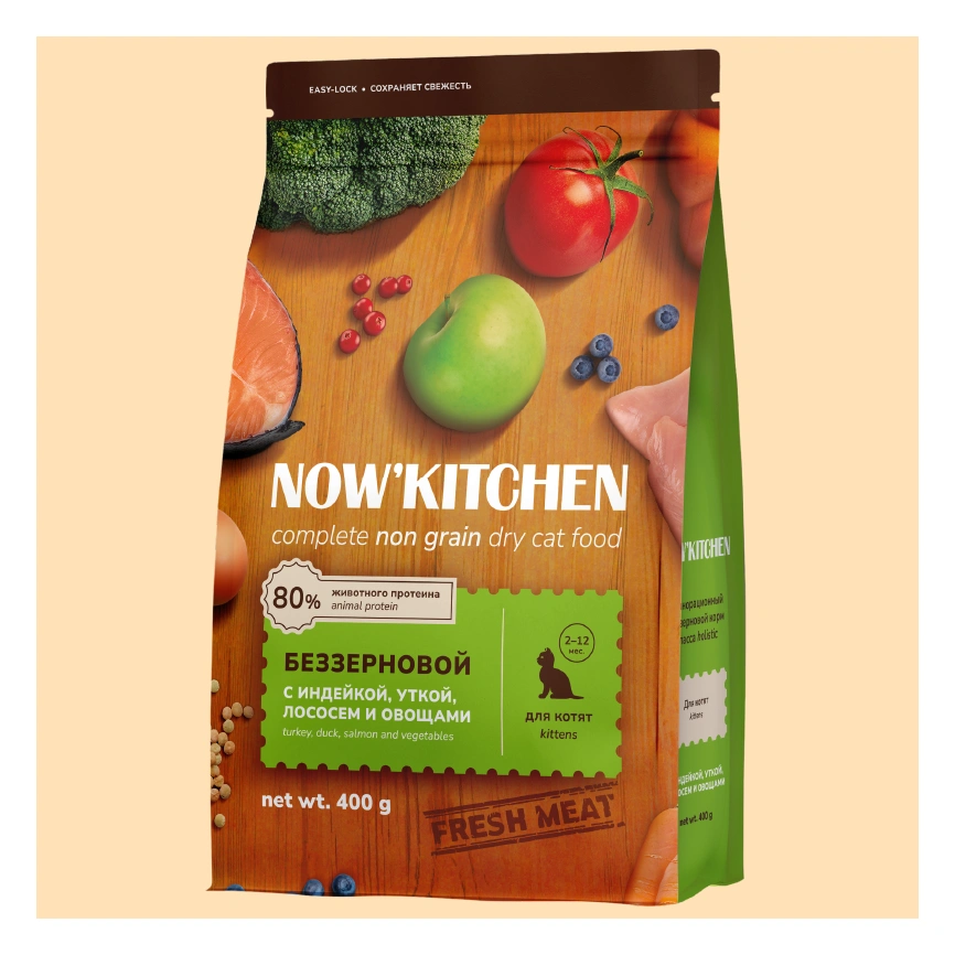 Сухой корм NOW'KITCHEN Fresh Kitten Turkey, Duck, Salmon & Vegetables для котят со свежей индейкой, уткой, лососем и овощами, 400 г фото 1