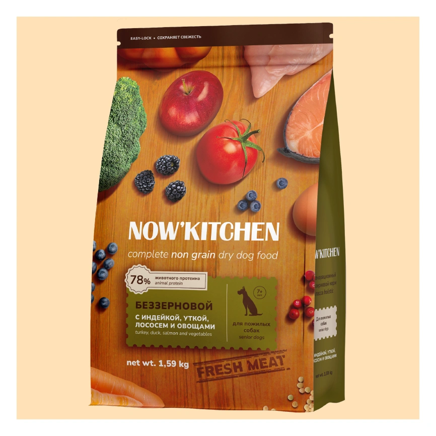 Сухой корм NOW'KITCHEN Fresh Senior Turkey, Duck & Salmon для собак старше 7 лет со свежей индейкой,уткой, с индейкой, уткой и лососем, 1,59 кг фото 1