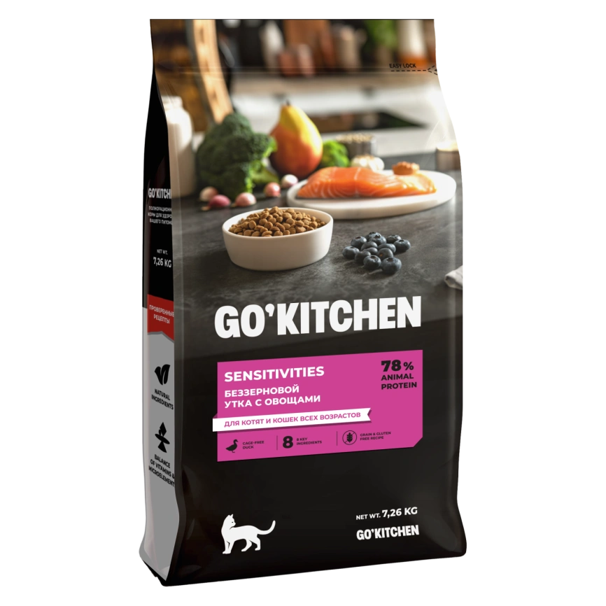 Сухой корм Go'Kitchen Duck для котят и кошек всех возрастов для чувствительного пищеварения, с уткой, 7,26 кг фото 1