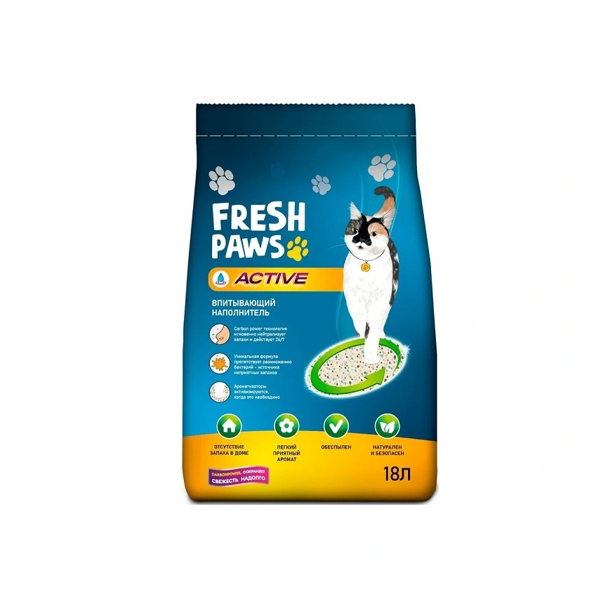 Наполнитель Fresh Paws Active для кошачьих туалетов, впитывающий с активированным углем, 18 л фото 1