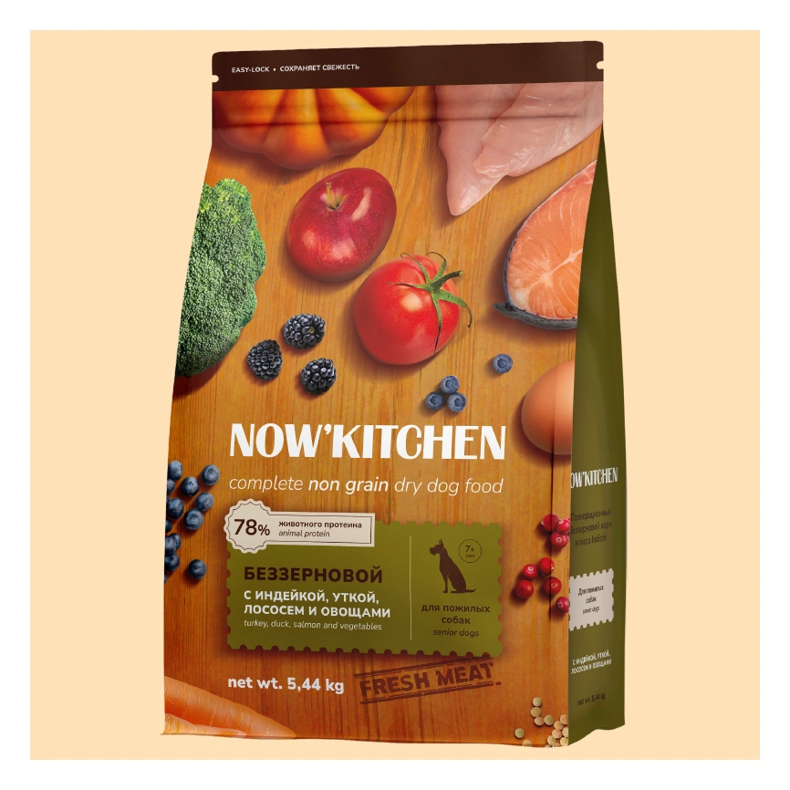 Сухой корм NOW'KITCHEN Fresh Senior Turkey, Duck & Salmon для собак старше 7 лет со свежей индейкой,уткой, с индейкой, уткой и лососем, 5,44 кг фото 1